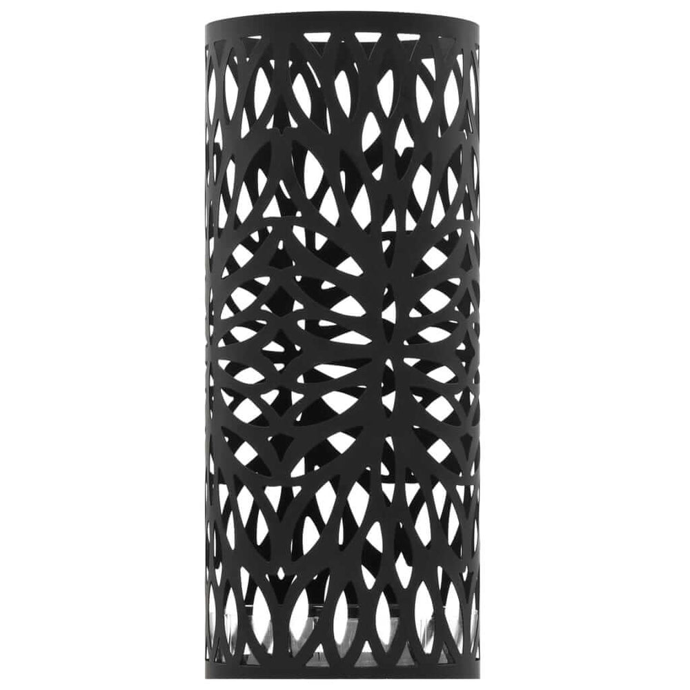 Black steel umbrella stand with elegant leaf design, affordable and sturdy, ideal for holding umbrellas and walking sticks.