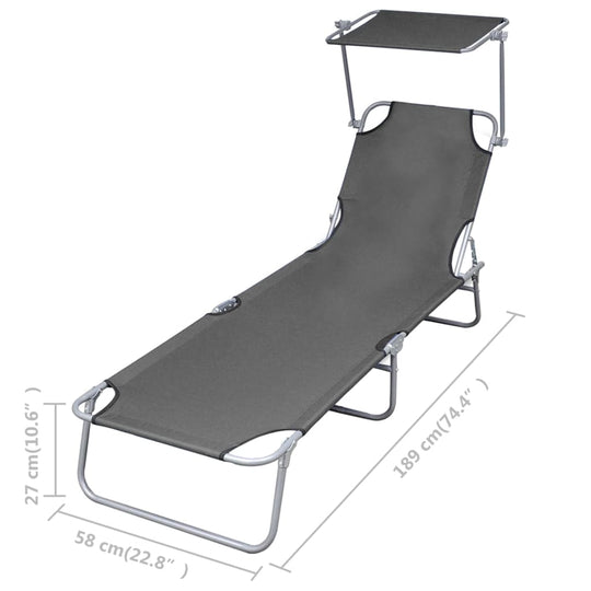 Folding Sun Lounger with Canopy Steel Grey