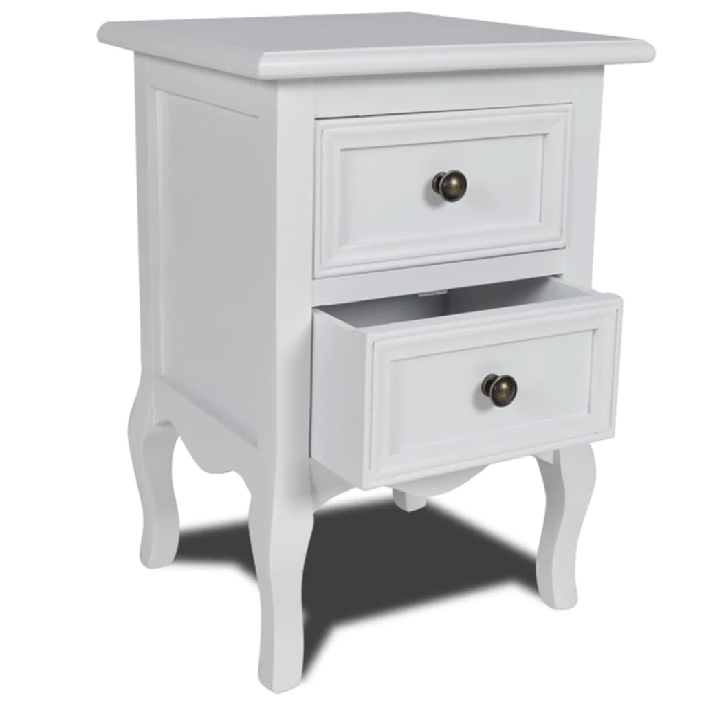 Affordable quality white nightstand with 2 drawers in MDF and brushed pine, perfect for adding style and value to your bedroom.