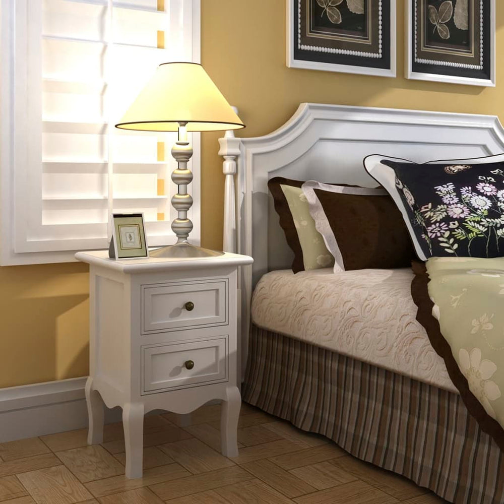 Affordable white nightstand with 2 drawers in bedroom, quality MDF wood furniture, adding style and value by bedside.