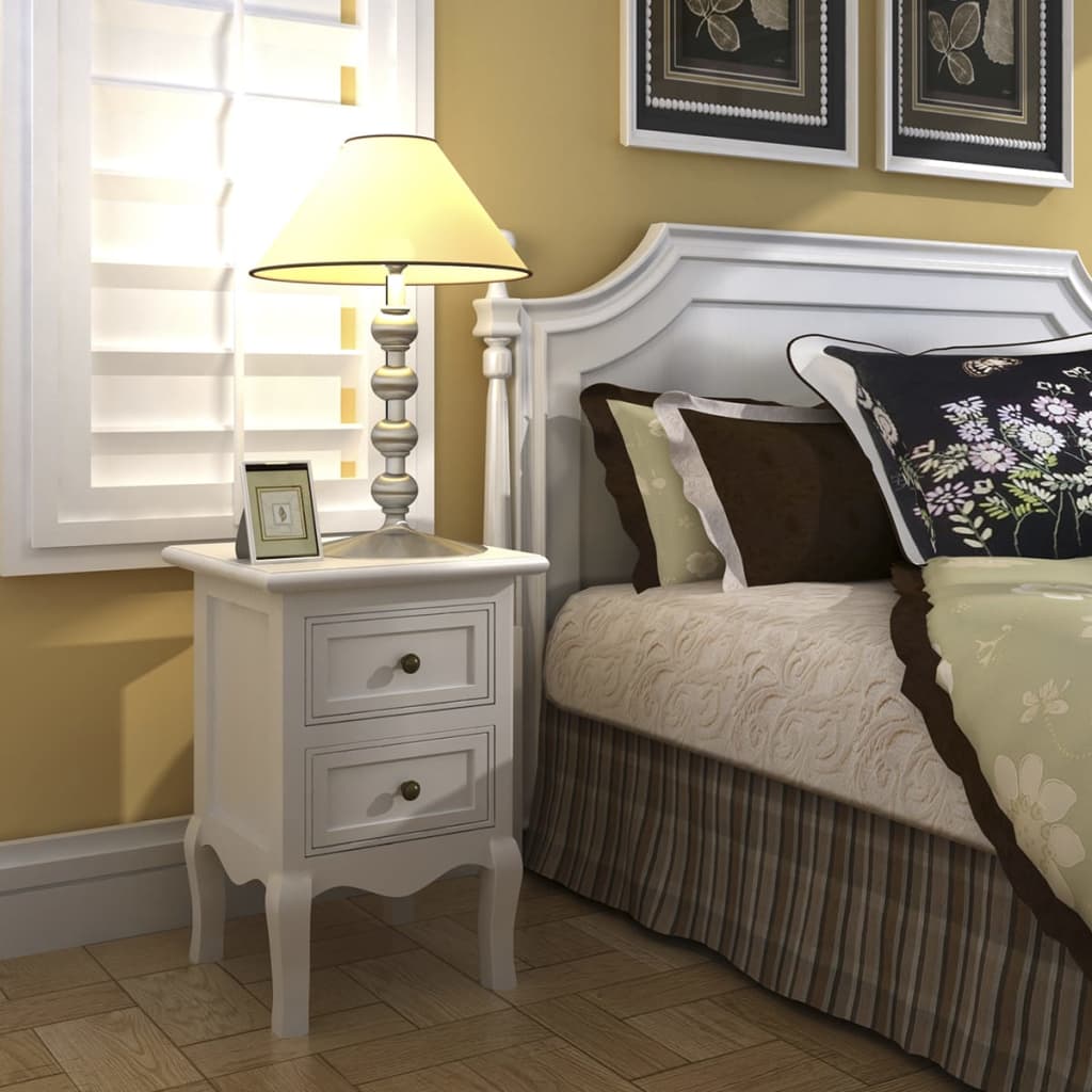 Affordable white nightstand with 2 drawers in bedroom, quality MDF wood furniture, adding style and value by bedside.