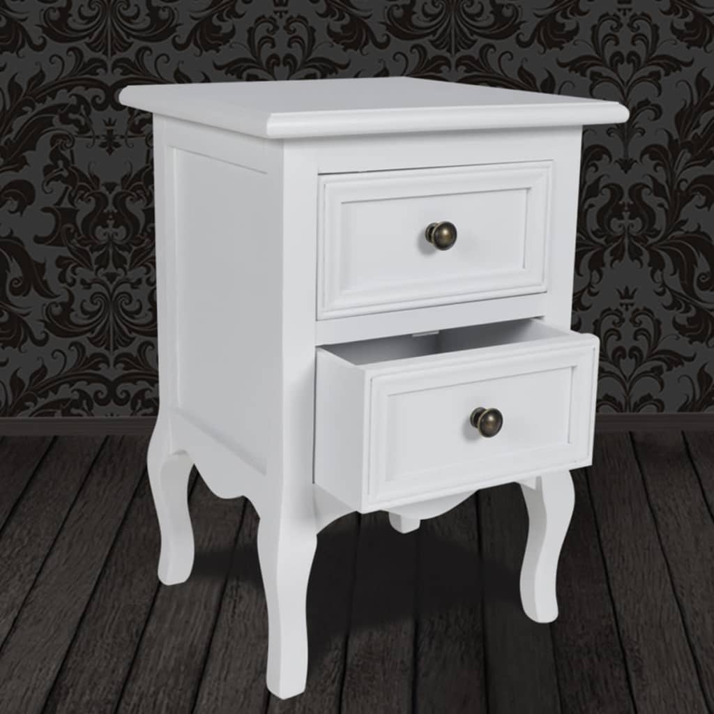 Affordable white nightstand with 2 drawers, quality MDF and brushed pine, perfect for stylish bedroom storage and display, dimensions 34.5x30x49 cm