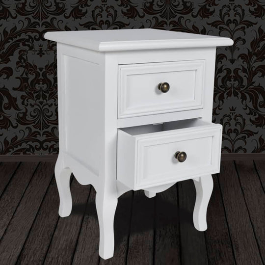 Affordable white nightstand with 2 drawers, quality MDF and brushed pine, perfect for stylish bedroom storage and display, dimensions 34.5x30x49 cm