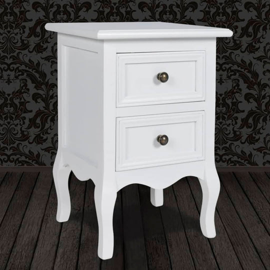 Affordable quality white MDF nightstand with 2 drawers, brushed pine, and stylish design for bedroom. Value storage and display solution.