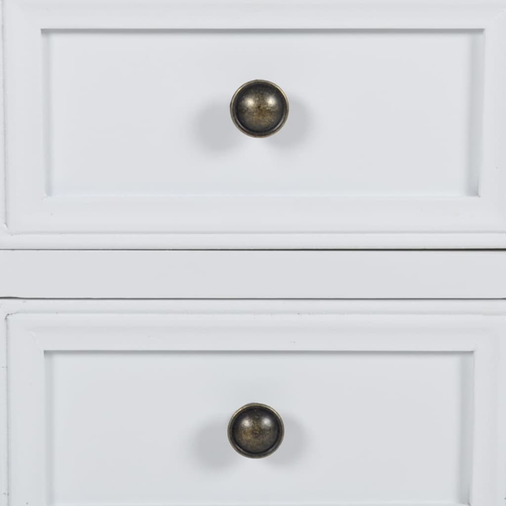 Close-up of white MDF nightstand with two drawers, showcasing brass knobs. Affordable, quality, and value bedroom furniture.