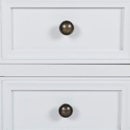 Close-up of white MDF nightstand with two drawers, showcasing brass knobs. Affordable, quality, and value bedroom furniture.