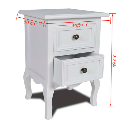 Affordable and quality white MDF nightstand with 2 drawers, perfect for storage and display. Dimensions: 34.5 x 30 x 49 cm. Cheap and stylish bedroom furniture.