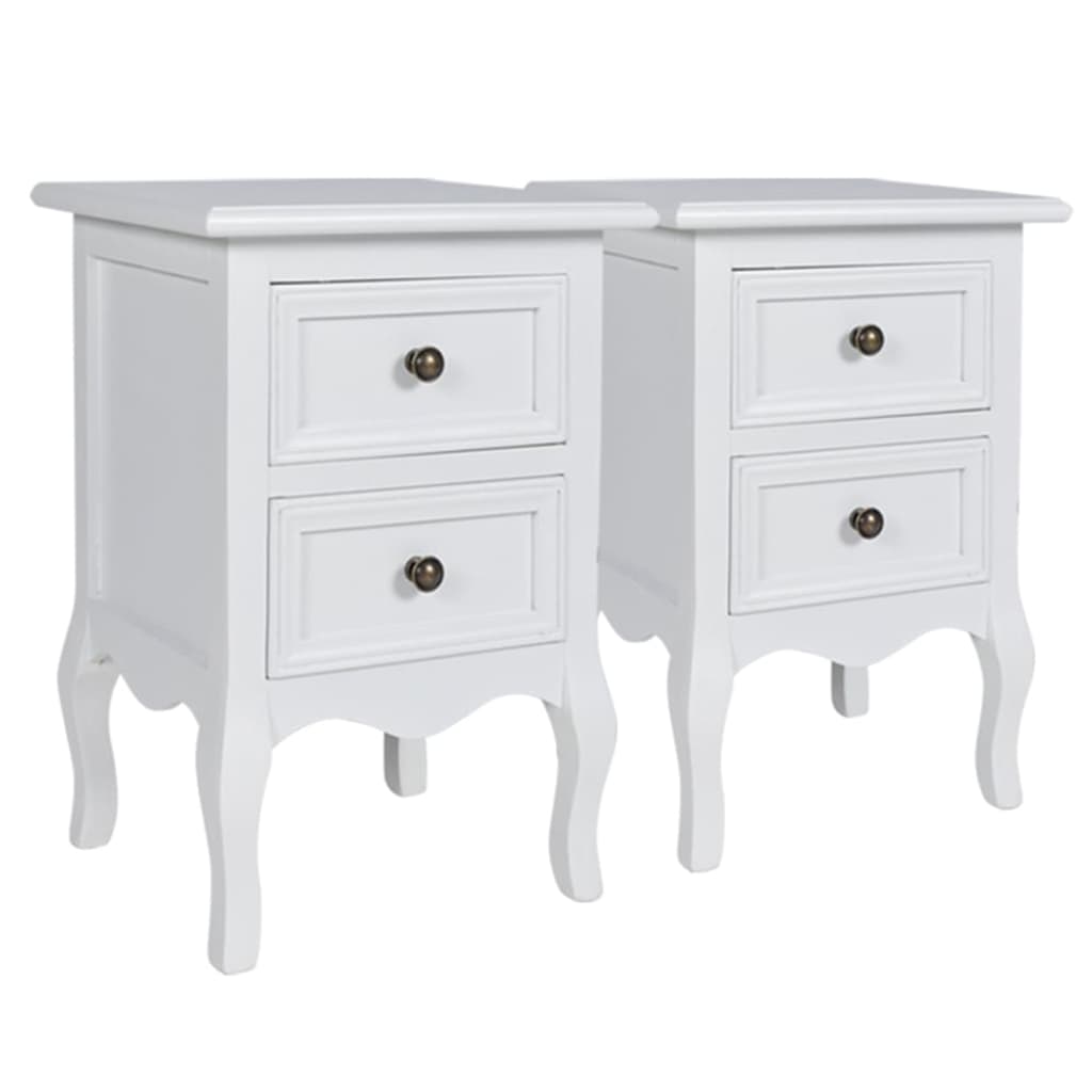 Two affordable white MDF nightstands with two drawers, tapered legs, and brushed nickel knobs offering quality and value.