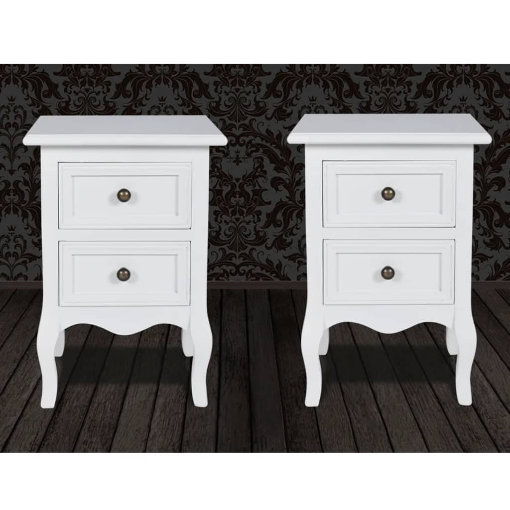 Affordable quality white nightstands set of 2 with two drawers, elegant brushed nickel knobs, and tapered legs, cheap bedroom furniture value.