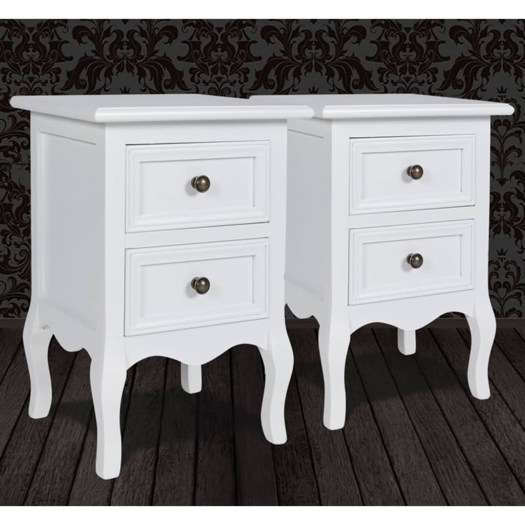 Affordable vintage style nightstands with 2 drawers, clear lacquered wood sides, tapered legs, and brushed nickel knobs in durable white MDF.