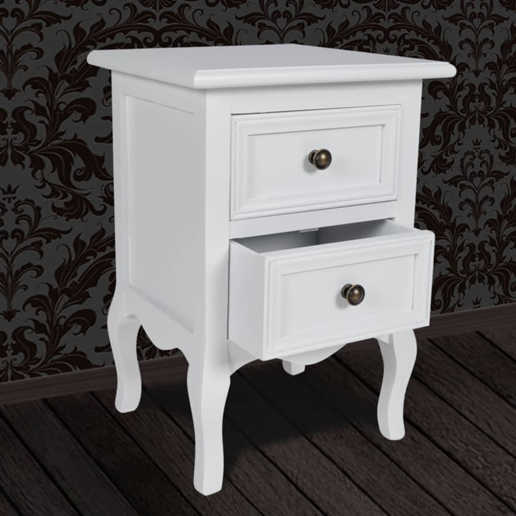 Vintage white nightstand with two drawers, tapered legs, and brushed nickel knobs, made of durable MDF, offering quality and affordable value.