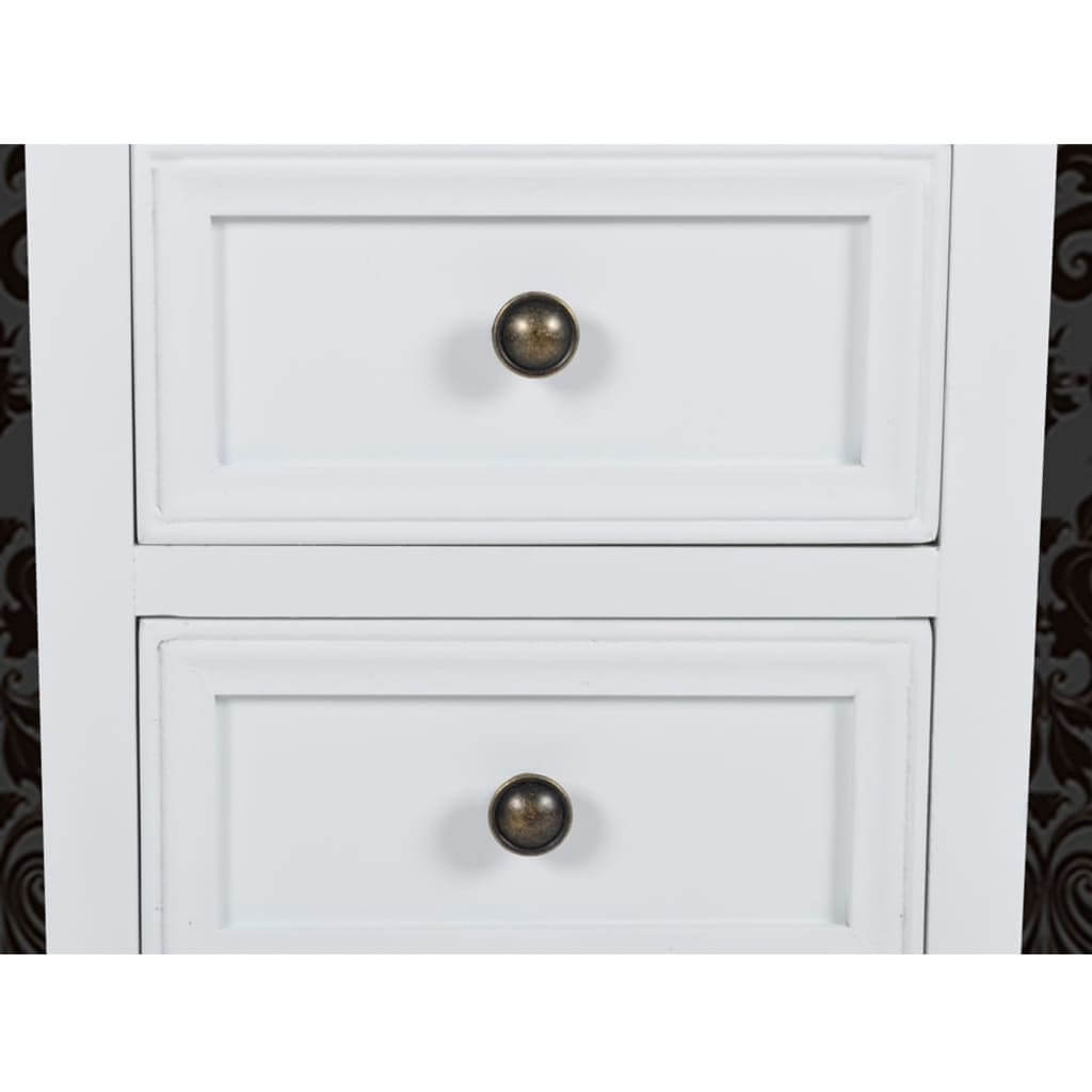 Closeup of affordable white MDF nightstand with 2 quality full-sized drawers featuring brushed nickel knobs. Great value and cheap.