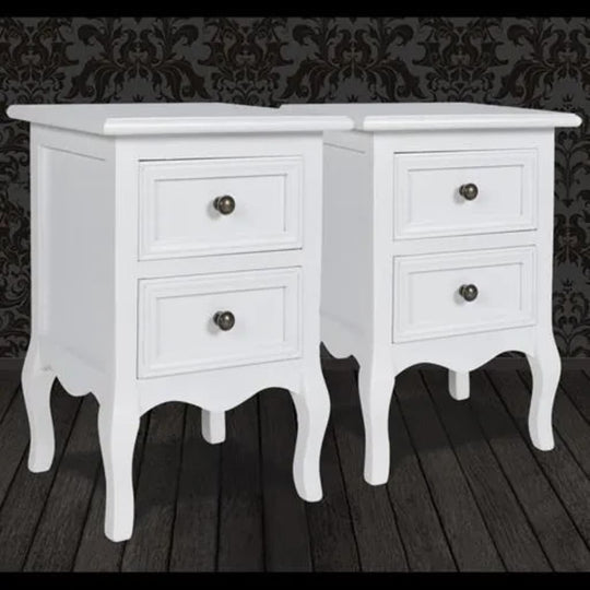 Affordable white MDF nightstands with two drawers, brushed nickel knobs, and tapered legs. Quality and value vintage-style bedside tables.