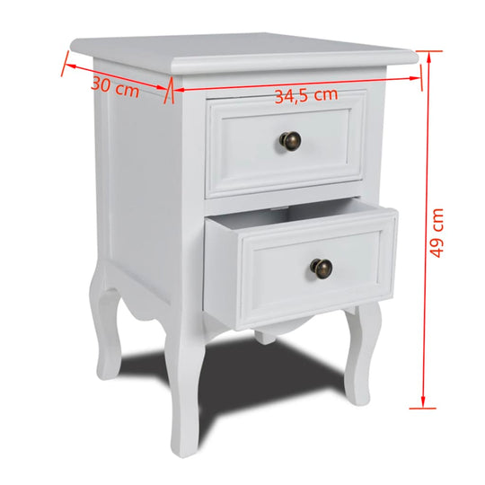 Affordable quality white nightstand with two drawers, real wood sides, tapered legs, and brushed nickel knobs, measuring 34.5 x 30 x 49 cm.