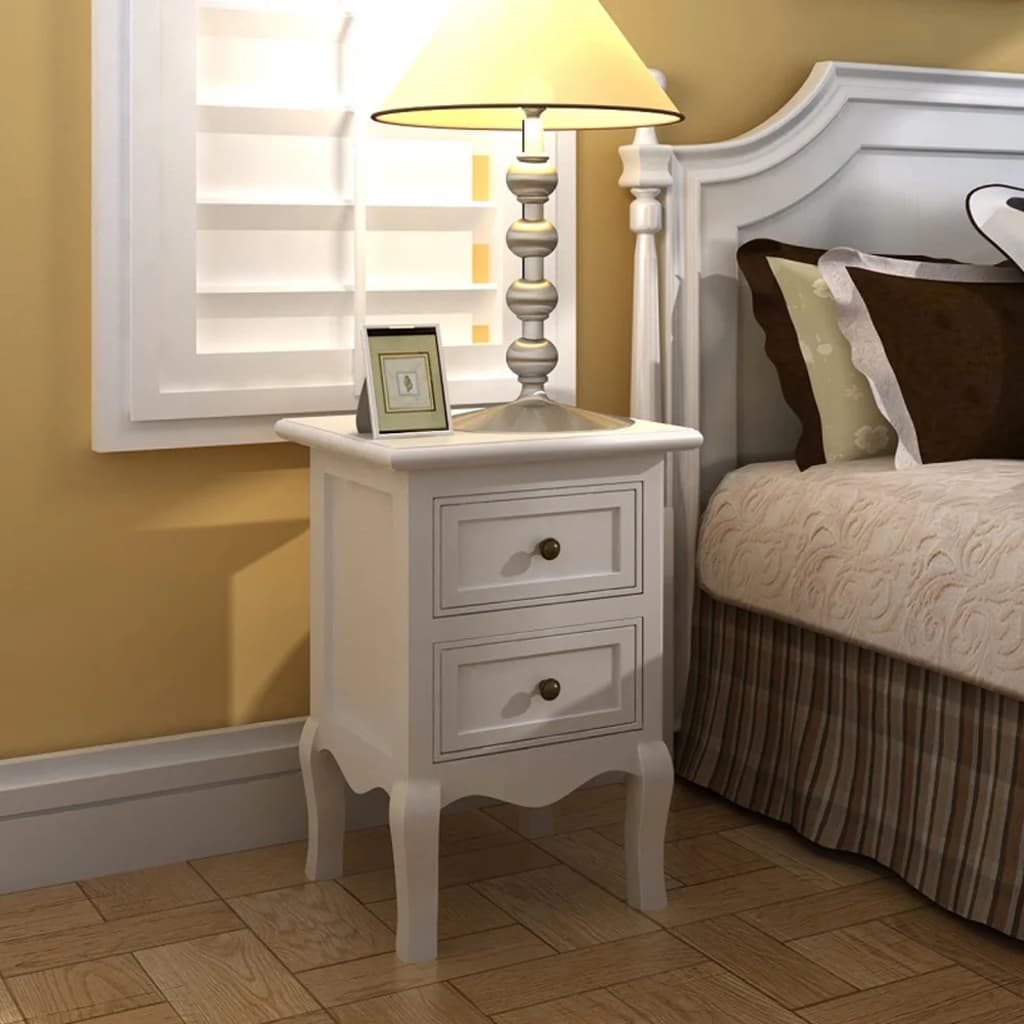 Affordable quality nightstand with two drawers in white MDF, vintage style, brushed nickel knobs, tapered legs, and lacquered wood sides