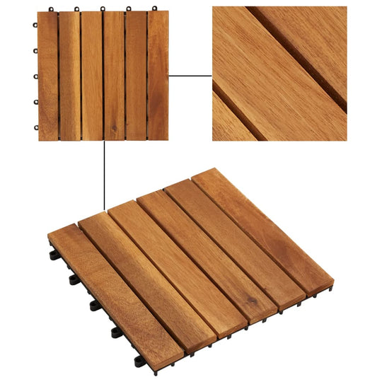 Set of 10 affordable quality acacia decking tiles with vertical pattern, weather-resistant and durable, perfect for garden, terrace, or balcony.