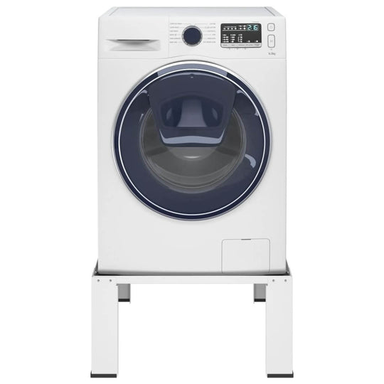 White washing machine on an affordable quality pedestal, raising the appliance for easier loading and stability with non-slip pads.