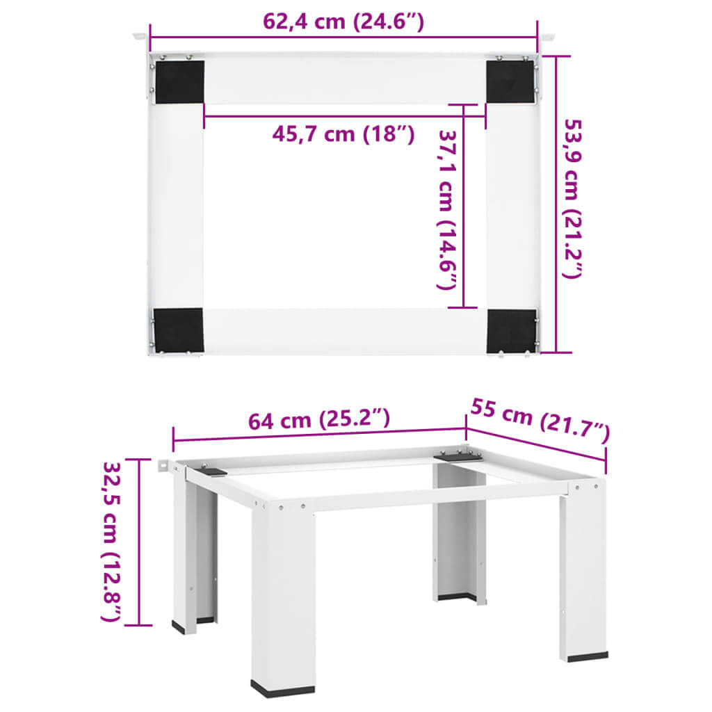 White washing machine pedestal with measurements, showcasing its sturdy, affordable design and high-quality steel construction.