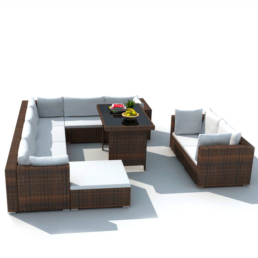 10 Piece Garden Lounge Set with Cushions Poly Rattan Brown