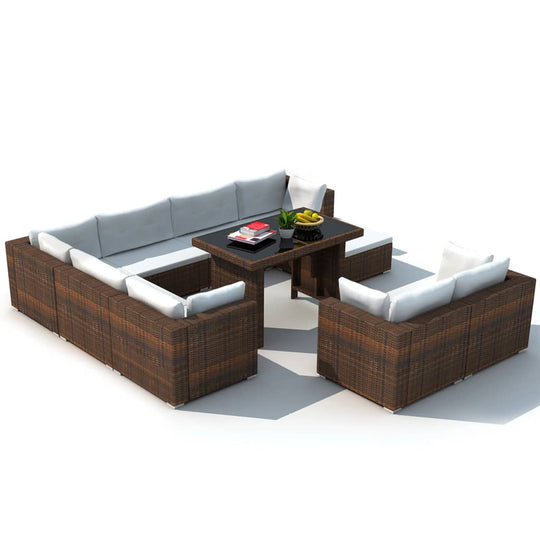 10 Piece Garden Lounge Set with Cushions Poly Rattan Brown