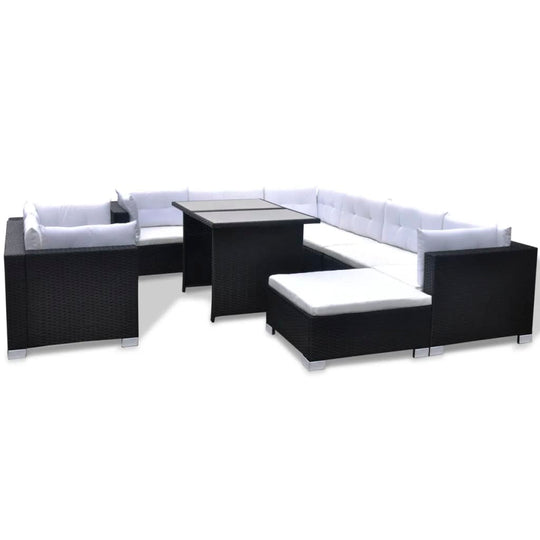 10 Piece Garden Lounge Set with Cushions Poly Rattan Black