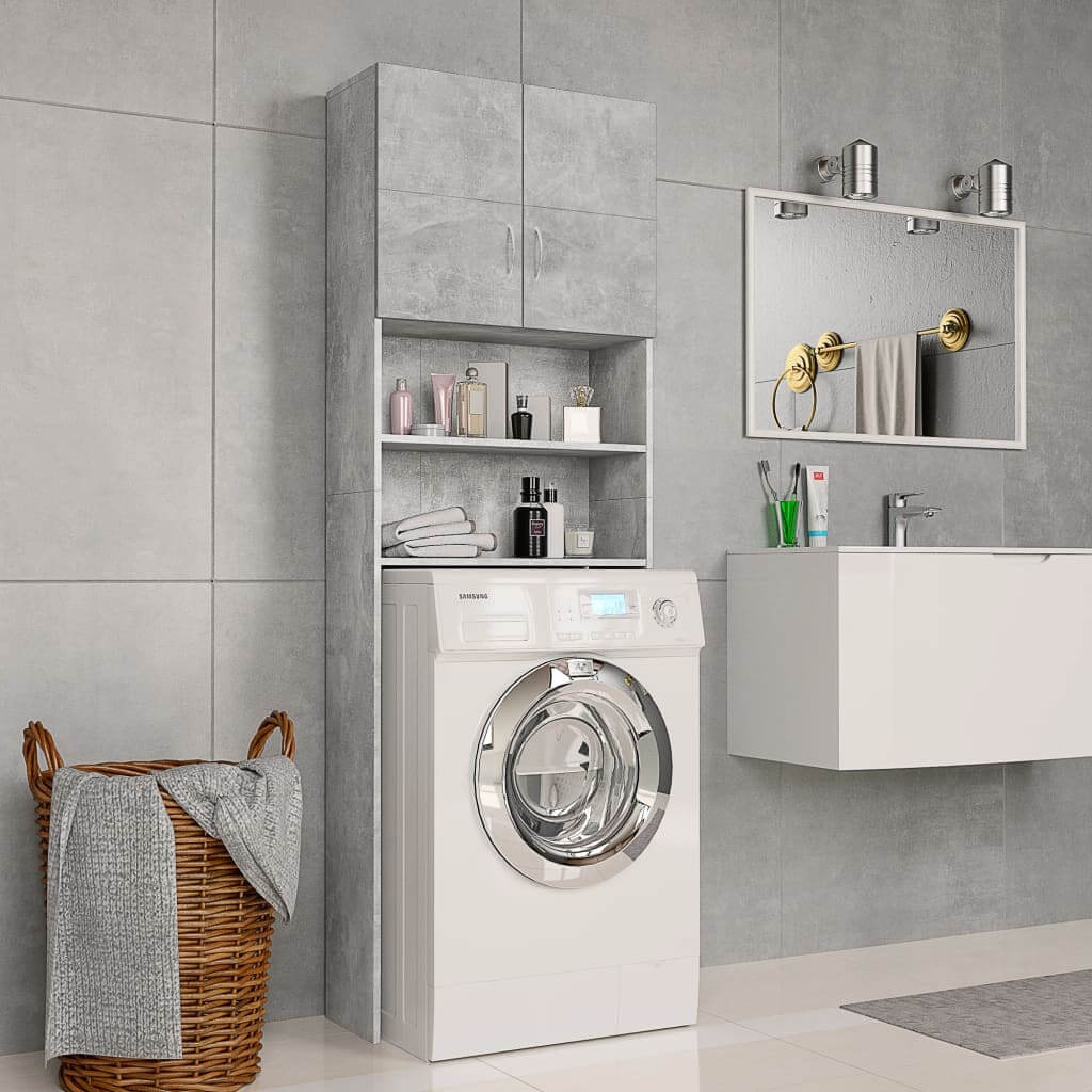 Concrete grey washing machine cabinet with shelves and doors, offers quality, affordable storage in a modern bathroom setting.