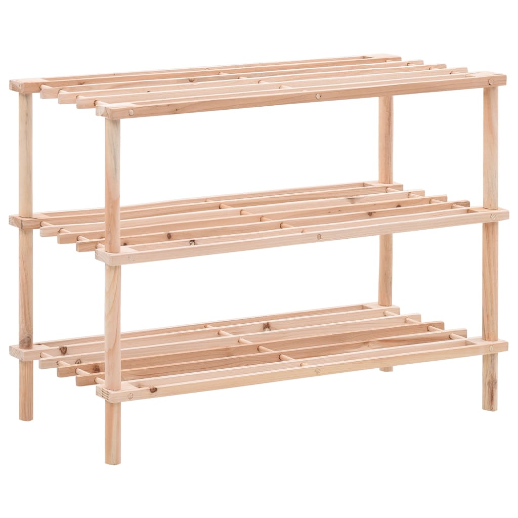 Affordable 3-tier solid fir wood shoe rack, perfect for organizing shoes in an entryway, offering quality and durability on a budget.