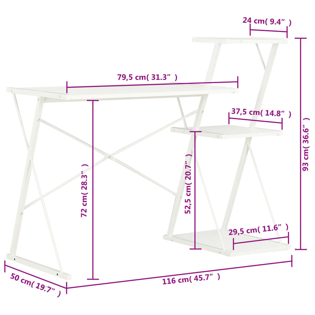 Desk with Shelf White 116x50x93 cm