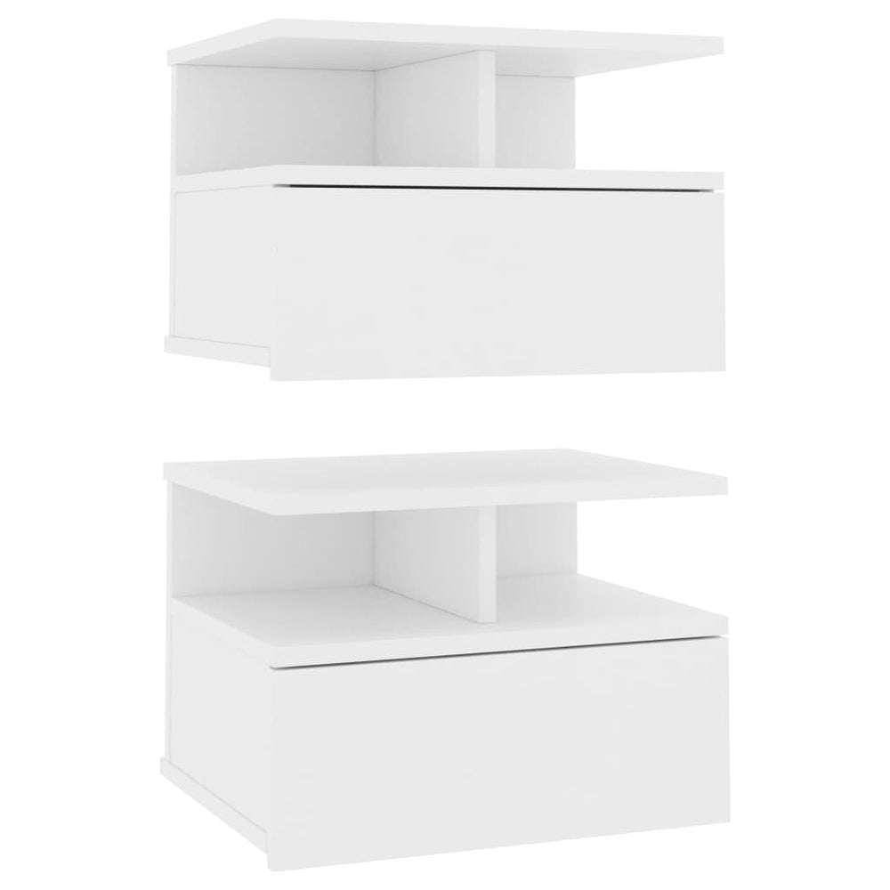 Affordable quality floating nightstands in white engineered wood, featuring a solid tabletop, open compartments, and an integrated drawer.