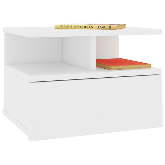 Affordable white floating nightstand with drawer and open compartments made of quality engineered wood, showcasing modern design and storage.