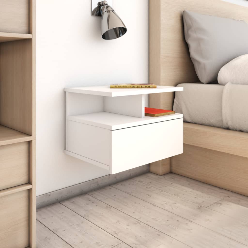 Affordable and quality white floating nightstand made of engineered wood, featuring solid tabletop, open compartments, and an integrated drawer.