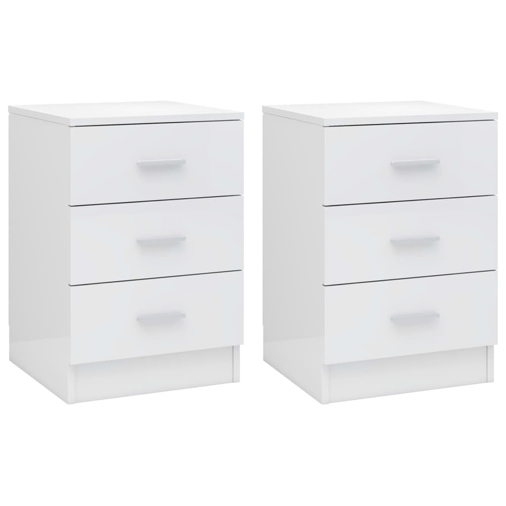 Affordable and quality 2 pcs bedside cabinets in high gloss white engineered wood, 38x35x56 cm, featuring three drawers for ample storage.