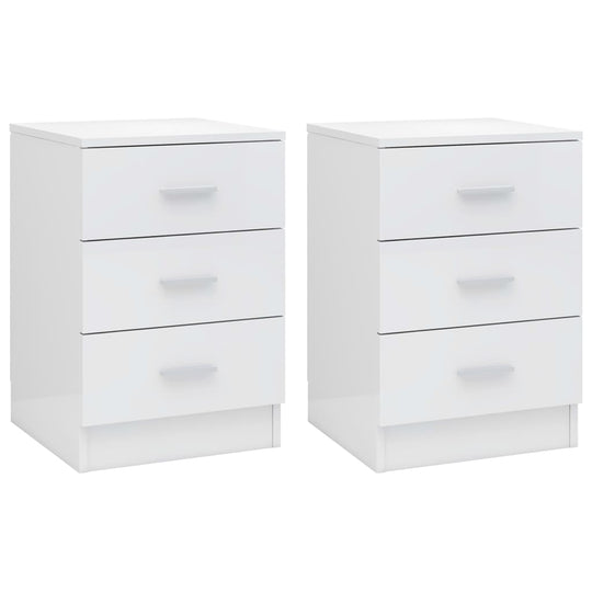 Affordable and quality 2 pcs bedside cabinets in high gloss white engineered wood, 38x35x56 cm, featuring three drawers for ample storage.