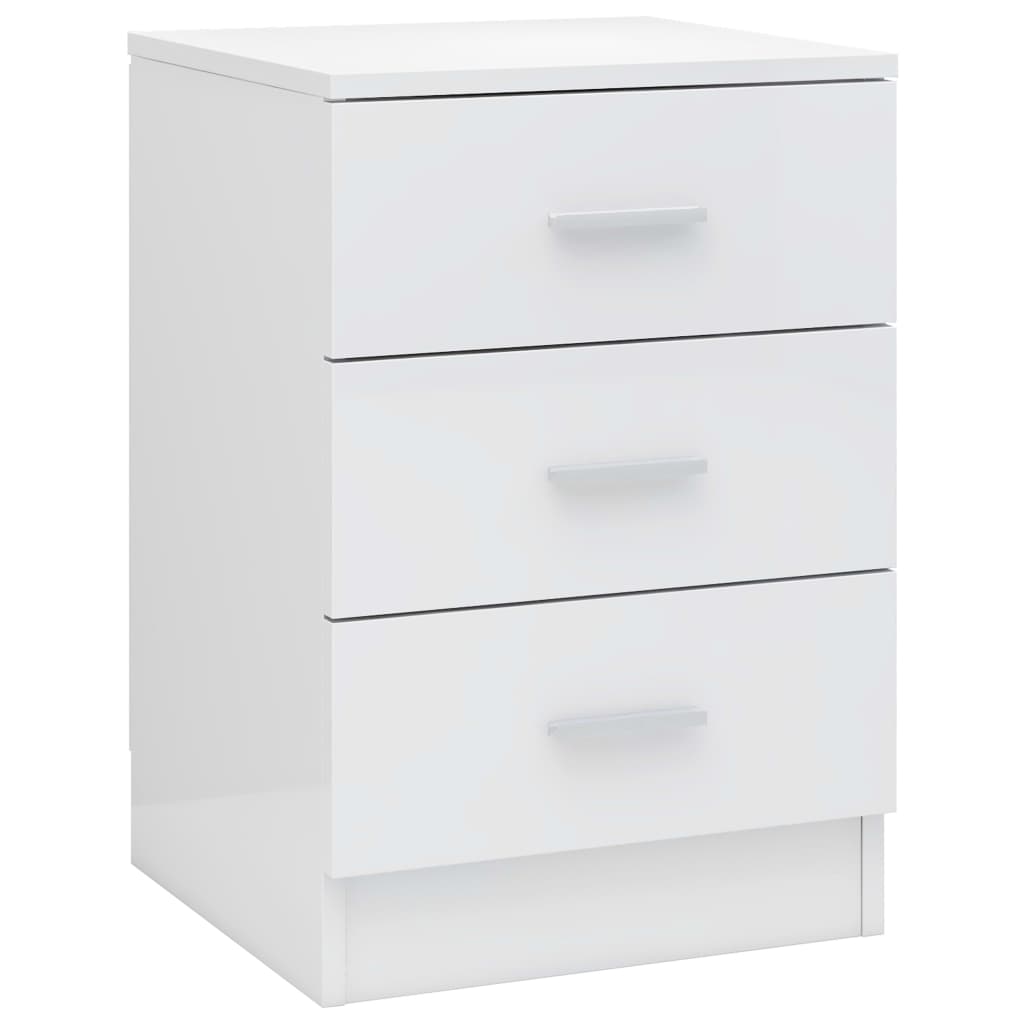 High gloss white bedside cabinet with three drawers, 38x35x56 cm, made of engineered wood. Affordable, quality, and value.