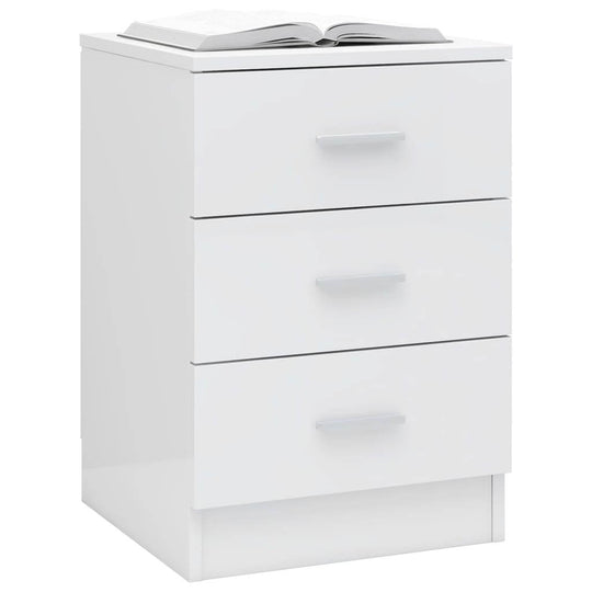 Affordable quality bedside cabinet in high gloss white engineered wood with three drawers for ample storage, 38x35x56 cm