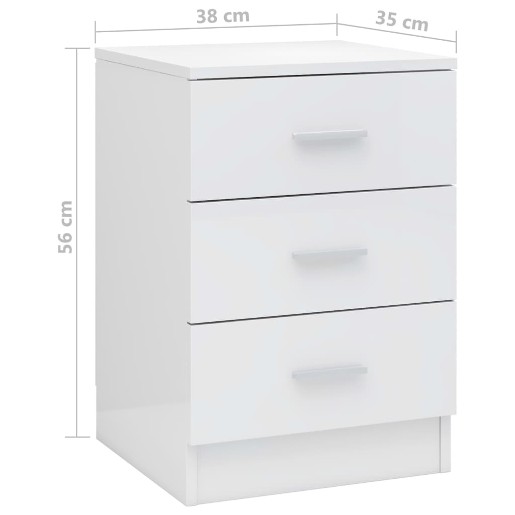 Affordable quality bedside cabinet in high gloss white with three drawers, 38x35x56 cm dimensions, made of durable engineered wood.