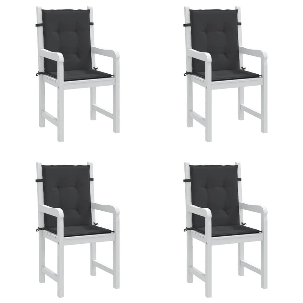 Four affordable quality black lowback chair cushions made from durable Oxford fabric on white chairs in an outdoor setting