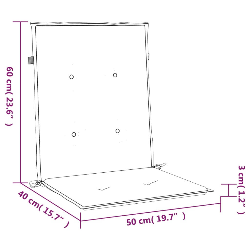 Dimensions diagram of outdoor lowback chair cushion: 60 cm height, 40 cm seat depth, 50 cm seat width, and 3 cm thickness.