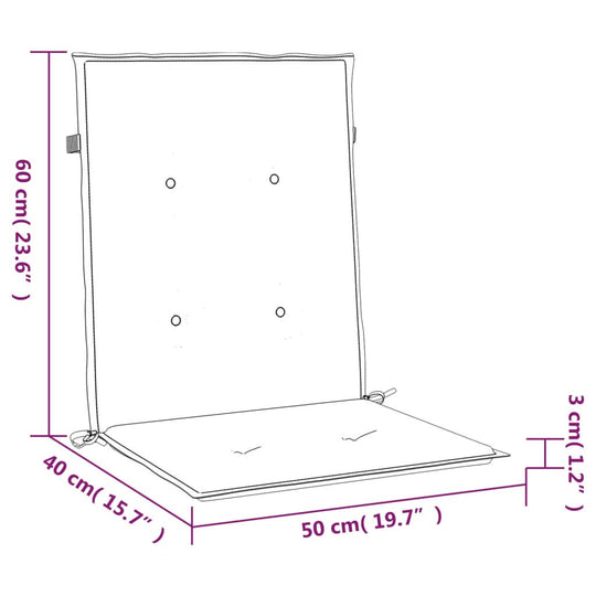 Dimensions diagram of outdoor lowback chair cushion: 60 cm height, 40 cm seat depth, 50 cm seat width, and 3 cm thickness.