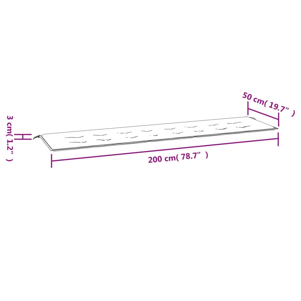 Dimensions of Garden Bench Cushion Black 200x50x3 cm shown in diagram.