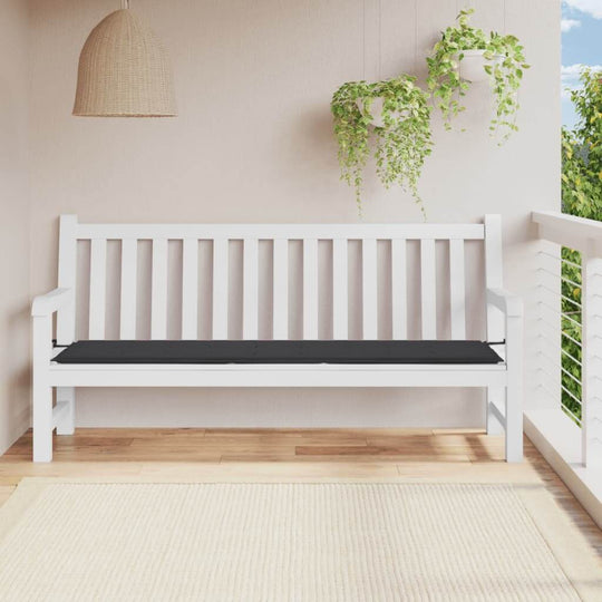 White garden bench with black 200x50x3 cm cushion made of durable and water-resistant Oxford fabric on a neat porch.