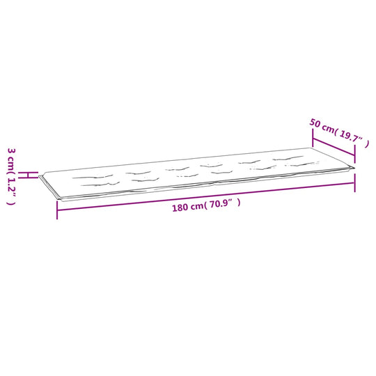 Dimensions of garden bench cushion in black Oxford fabric, measuring 180x50x3 cm