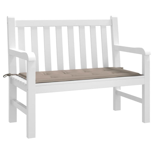 Taupe garden bench cushion on white bench, 120x50x3 cm, made of durable Oxford fabric. Affordable quality outdoor seating accessory.