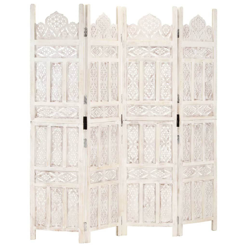 Hand carved 4-Panel Room Divider White 160x165 cm Solid Mango Wood