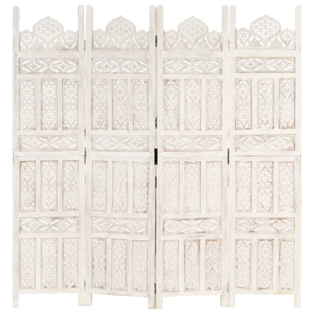 Hand carved 4-Panel Room Divider White 160x165 cm Solid Mango Wood