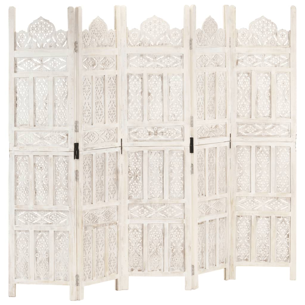 Hand carved 5-Panel Room Divider White 200x165 cm Solid Mango Wood