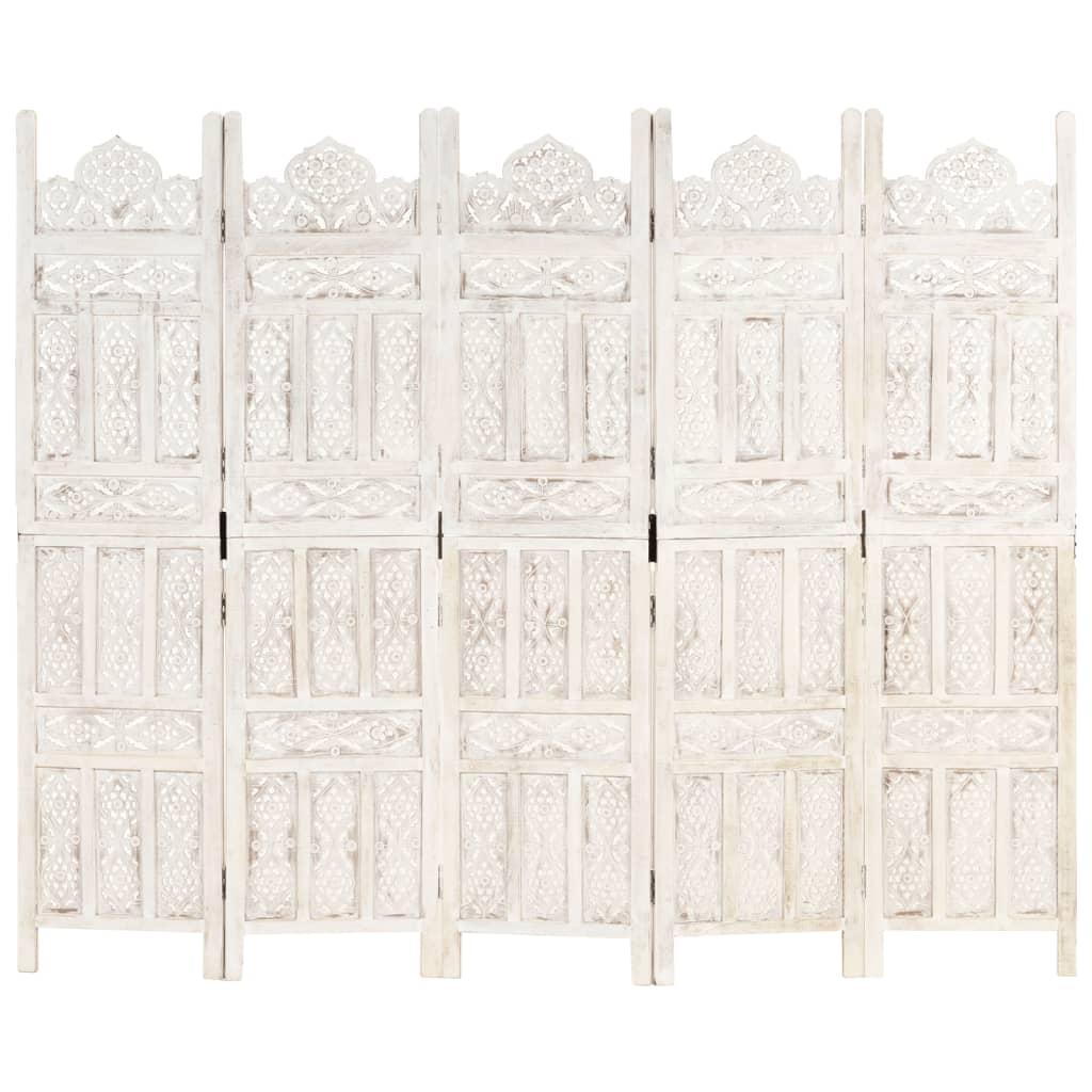 Hand carved 5-Panel Room Divider White 200x165 cm Solid Mango Wood