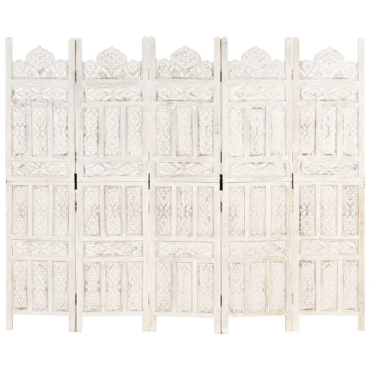 Hand carved 5-Panel Room Divider White 200x165 cm Solid Mango Wood