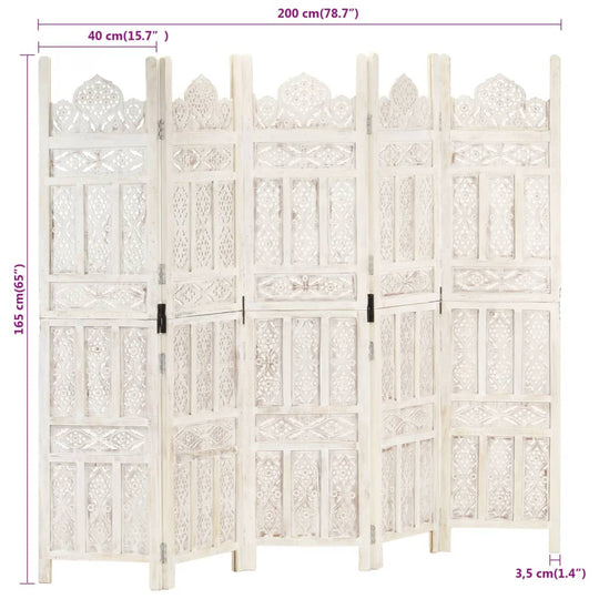 Hand carved 5-Panel Room Divider White 200x165 cm Solid Mango Wood