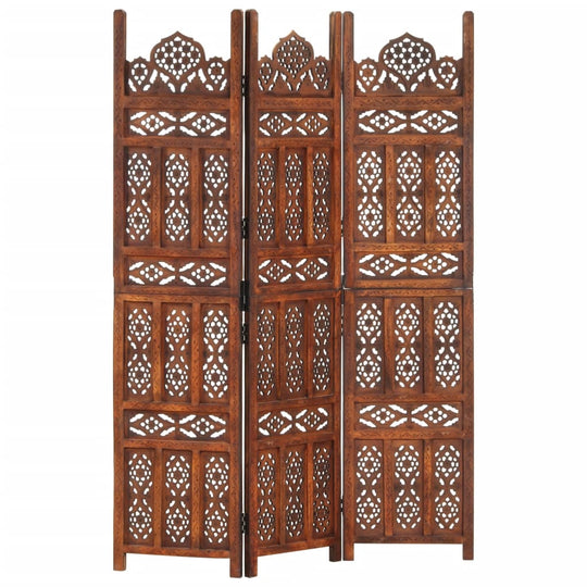 Hand Carved 3-Panel Room Divider Brown 120x165 cm Solid Mango Wood